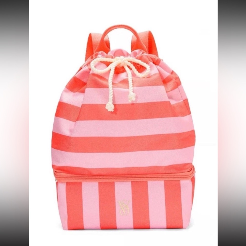 Victoria's Secret Pink & Coral Stripe ULTIMATE BEACH BAG backpack Cooler NWT